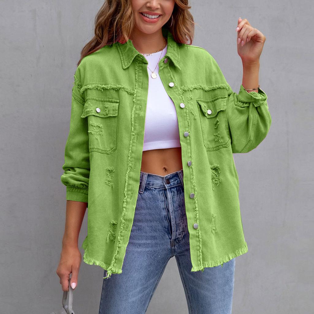 Женская джинсовая куртка, рубашки на пуговицах, потертое пальто с карманами