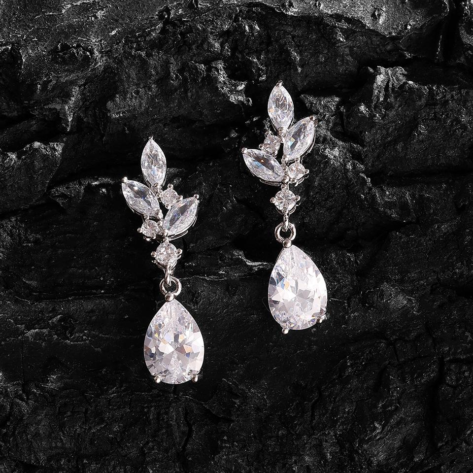 ZAKOL White Zircon Leaf Dangle Earrings for Women Shinny Water Drop Crystal Flower Pendant Earring Bridal Wedding Jewelry