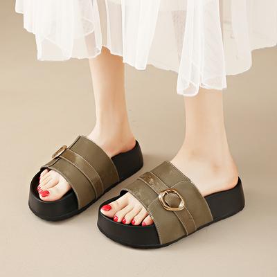 CRLAYDK Кожаные сандалии для женщин Платье Лето Пляж Удобная обувь Открытый носок Платформа Повседневные Толстая подошва Мягкие шлепанцы