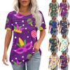 Women's Carnival Mask Print Short Sleeve Loose Round Neck Pleated Top
