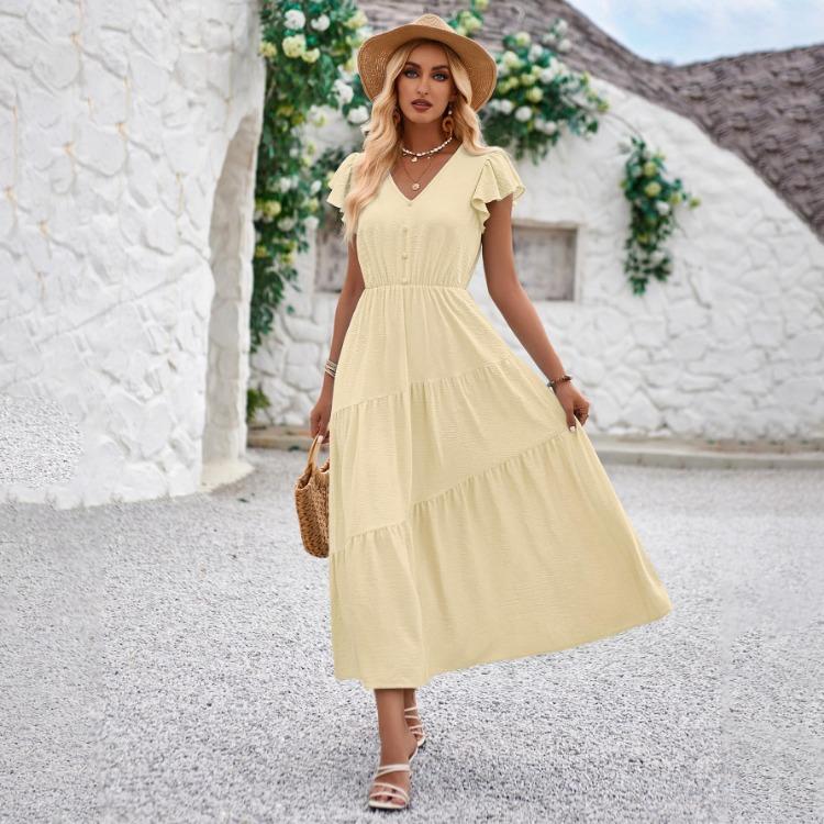 Women Summer Casual V-Neck Slim Dress Solid Color A-Line High Waist Layered Long Dresses Spring Short Lotus Leaf Sleeve S-XL