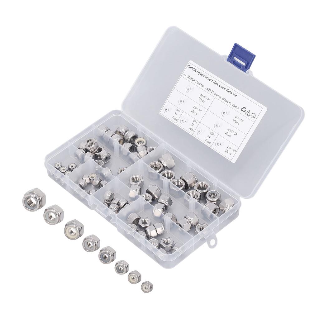 80PCS Hex Nuts Assortment Kit 304 Stainless Steel Lock Nuts with Nylon Insert 8 Specifications