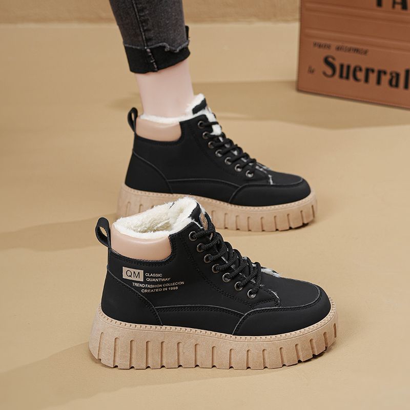 Winter All-match British Style Thick-Soled Inner Increase Women's Shoes Plus Velvet Short Boots