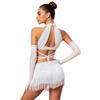 Women Latin Dance Fringed Dress Cutout Sleeveless Strappy Waist Tassel Hem Sequined Dress with Long Gloves