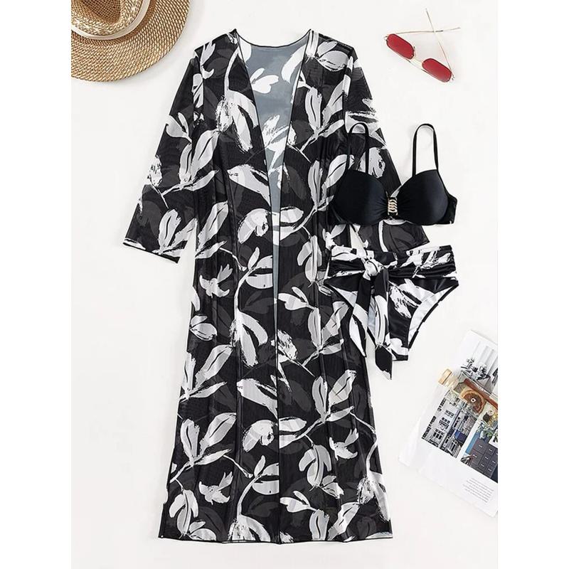 Бикини пуш-ап с принтом растений и кимоно, прикрытый купальник, женский купальник с длинным рукавом, комплект бикини из трех предметов, купальный костюм