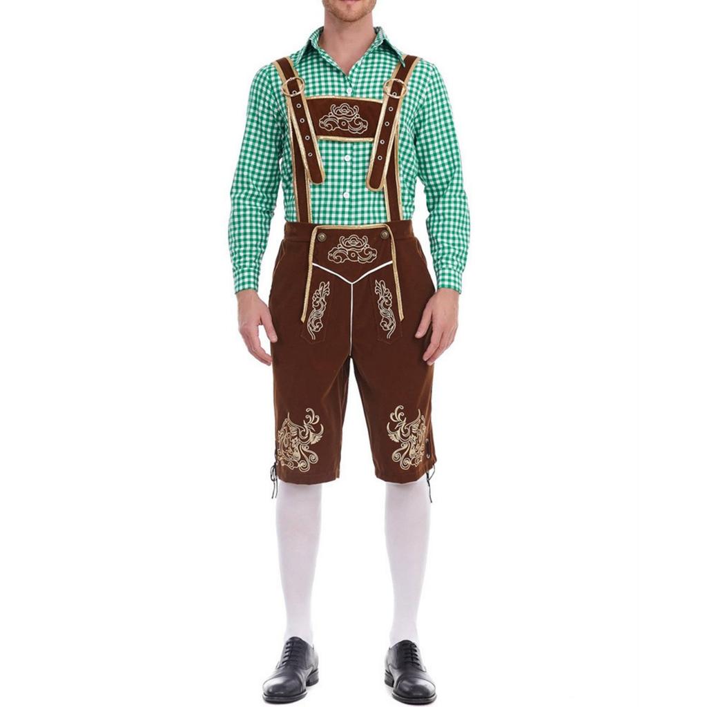 Men's Traditional Bavarian Outfit Lederhosen Set with Embroidered Suspenders and Checkered Shirt Suitable for Oktoberfest Costume Party