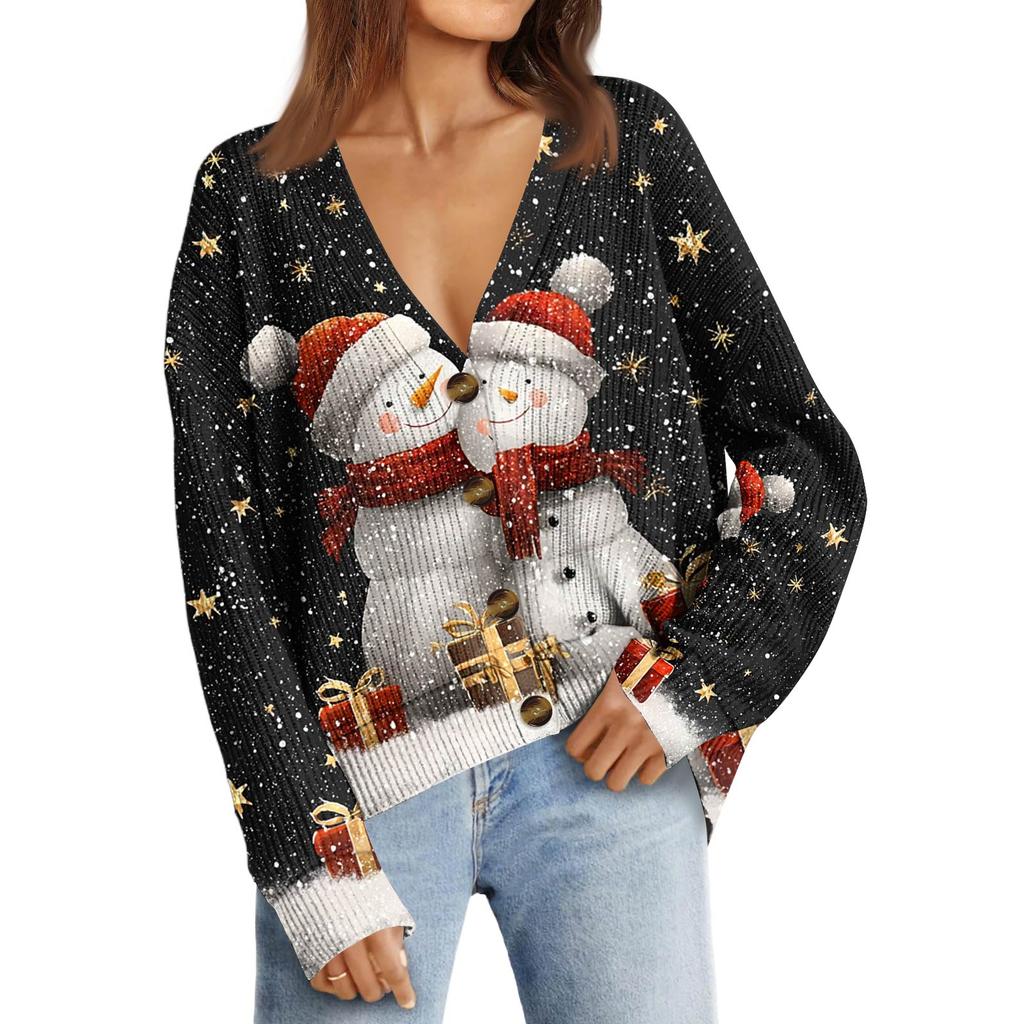 Женский модный кардиган с длинным рукавом, V-образным вырезом, на пуговицах, свободного кроя, с рождественским принтом