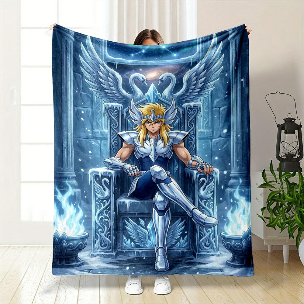 A figure in icy armor sits on a throne with wing and swan motifs. for all seasons blanket lunch break throw gift
