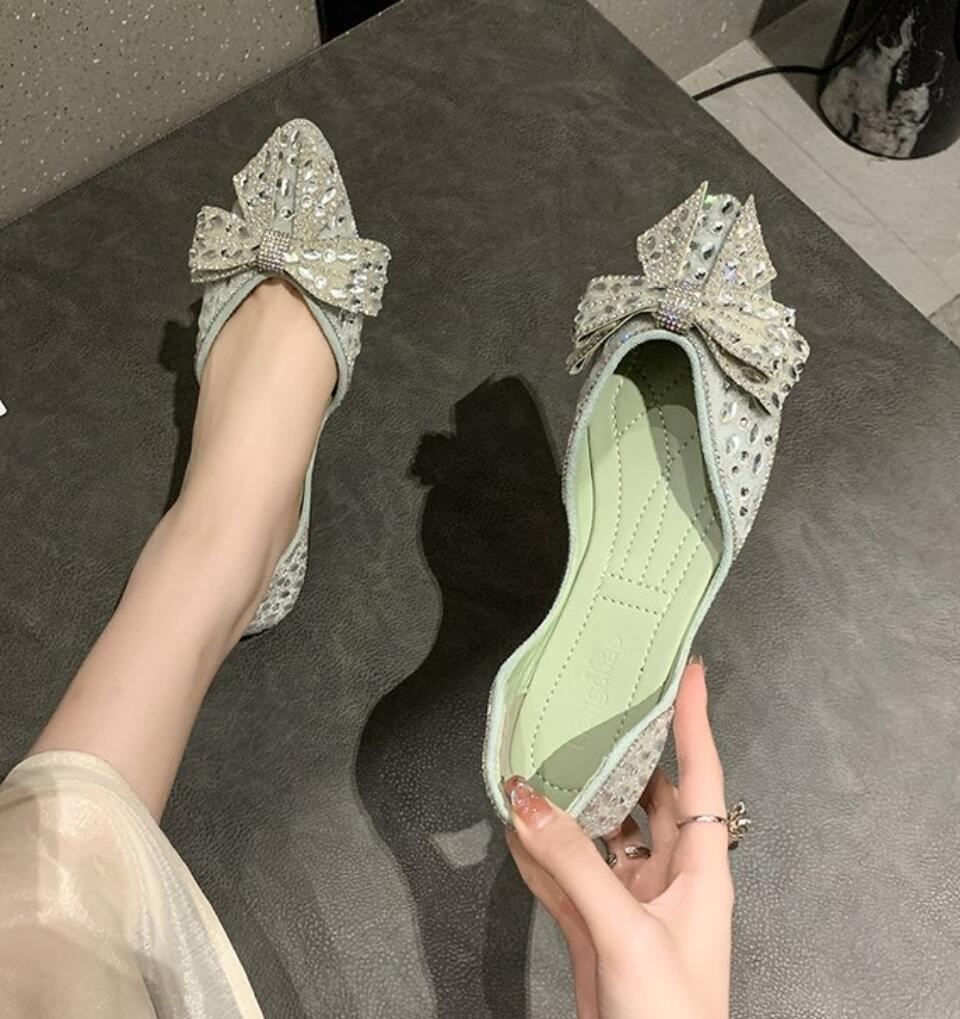 Модные блестящие хрустальные балетки женские остроносые мокасины удобные неглубокие балетки мокасины элегантные женские туфли с бантом для вечеринки