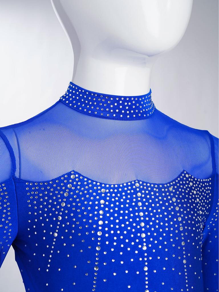 Боди для фигурного катания для девочек, блестящие стразы, комбинезон на все тело, воротник-стойка, длинный рукав, с прозрачной сетчатой вставкой