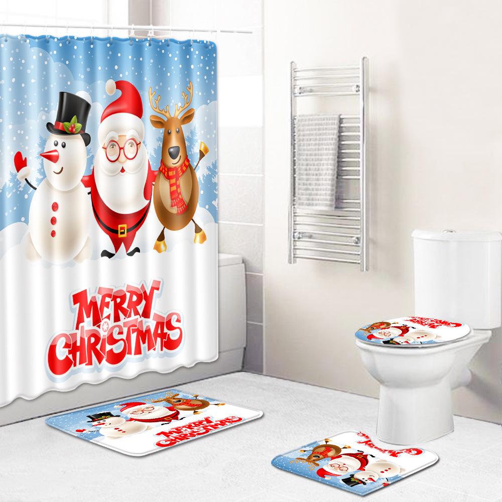 Christmas Home Shower Curtain Waterproof Polyester Cloth Toilet Floor Mat Four-Piece Set Entrance Door Mat Bedroom Living Room Carpet