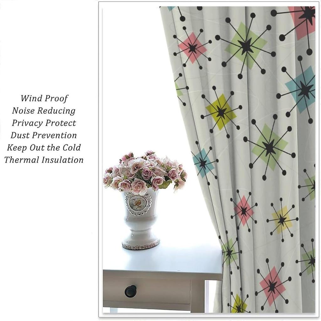 "Atomic Starburst" Curta – Colorful Dots & Lines In Retro Pattern, Rod Pocket Drapes For Living Room Or Bedroom (21X45In)