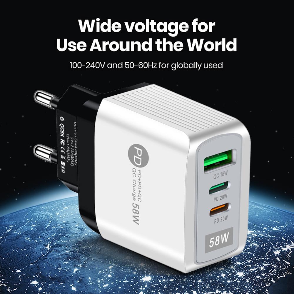 58W Dual Fast Charger with 2PD + QC3.0 for EU, US, UK, AU Plugs