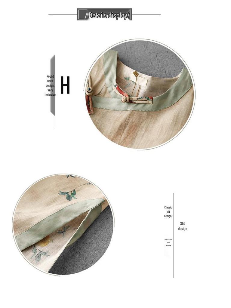 Blue Pomegranate Print Cotton Linen Tea Dress with Frog Buttons