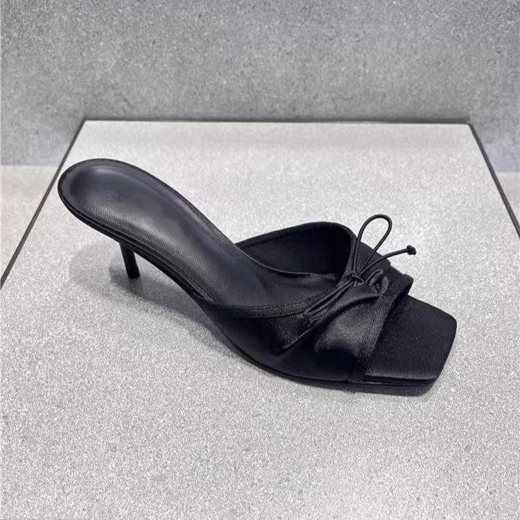 Элегантные тапочки женские однотонные кожаные однотонные с открытым носком на тонком высоком каблуке женские шлепанцы с бантом-бабочкой уличная обувь большого размера