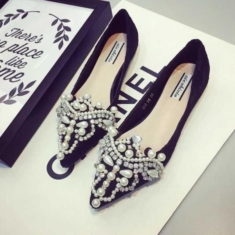 Новые мягкие туфли Crown Pearl Flats Свадебные туфли с острым носком Женские мокасины для платья Низкий каблук Pearl Женская мода Роскошь Большой размер 43