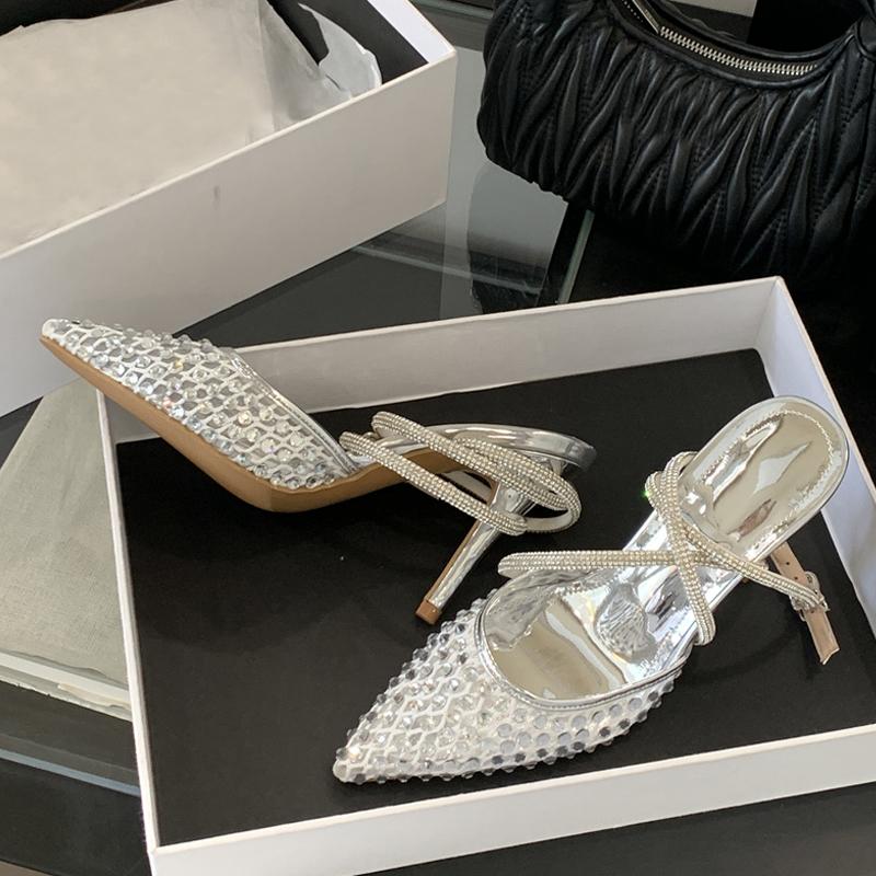 Женские дизайнерские сандалии-слингбэки с острым носком из сетки со стразами, с кристальным ремешком на щиколотке, женские туфли-лодочки на высоком каблуке, обувь для вечеринок и выпускного вечера