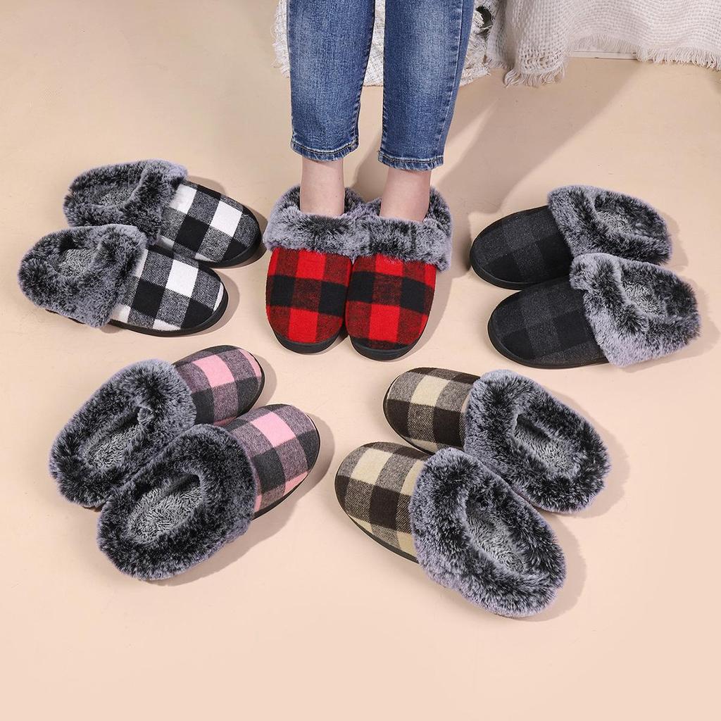 Cozy Plaid Fur Slippers: Non-slip, Plush Velvet, Winter Warmth for Home