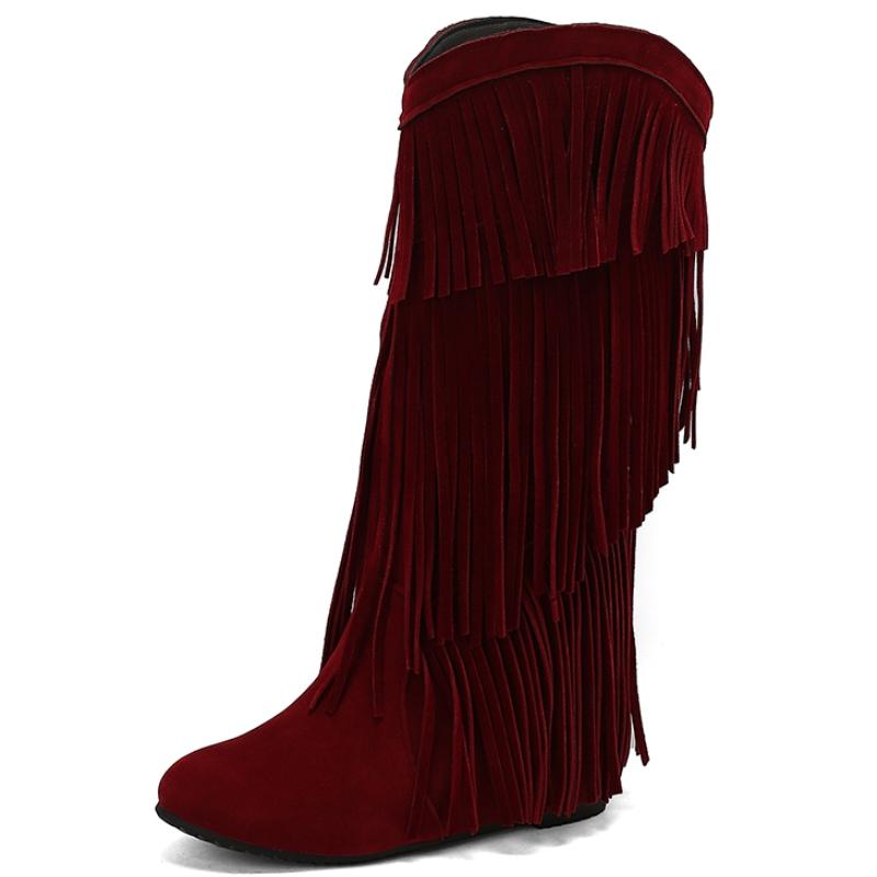 Женские сапоги до середины голени с бахромой, сексуальные зимние туфли, черные, бежевые, на танкетке, женские туфли, увеличивающие рост, большой размер 48