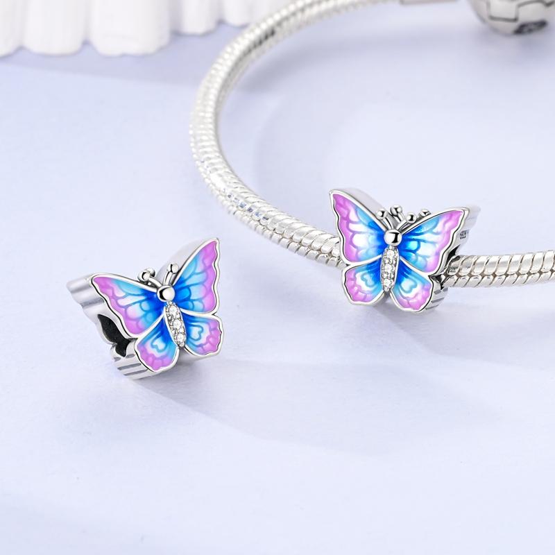 Springtime 925 Silver Sparkling Zircon Colorful Butterfly Charms Beads Fit Qikaola Bracelets DIY Birthday Jewelry Gifts