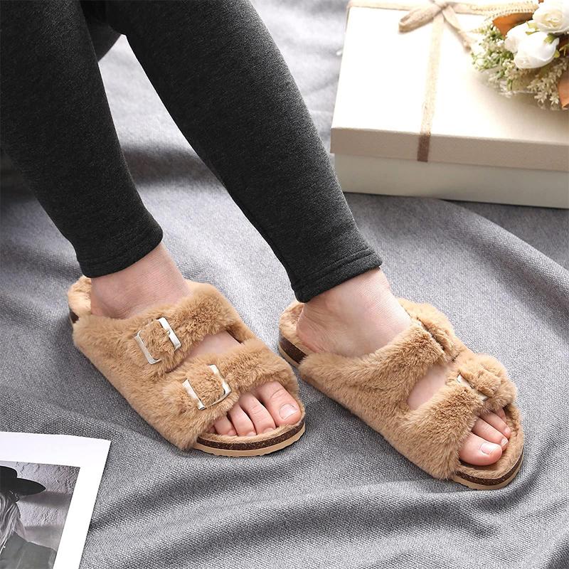 Fashion Smile Fashion Slippers For Women New Cork Insole Comfort Slides Outdoor Fluffy Sandals With Adjustable Metal Buckle Arch Support
