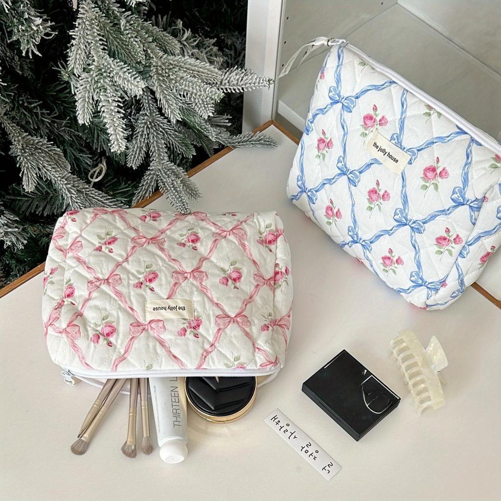 Cute Bow Flower Quilting Cotton Makeup Bag Women Zipper Cosmetic Organizer Female Cloth Handbag Portable Toiletry Case for Girls