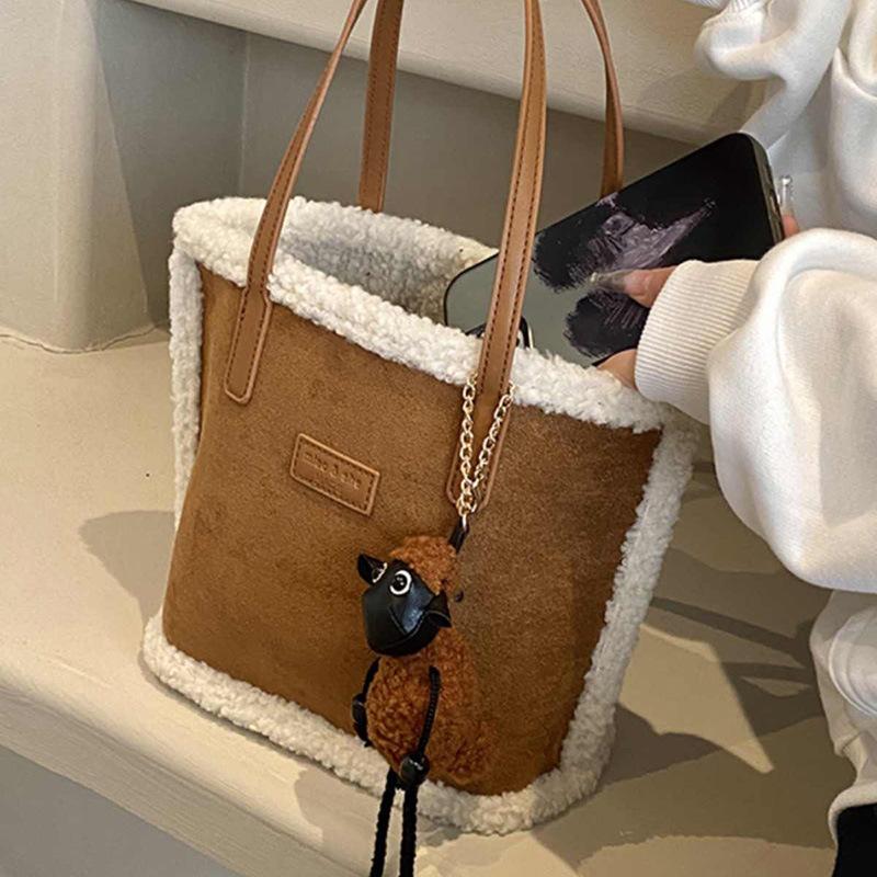 Bucket Bag Women'S Bag Suede Shoulder Portable Commuter Lamb Wool Tote Bag Luggage
