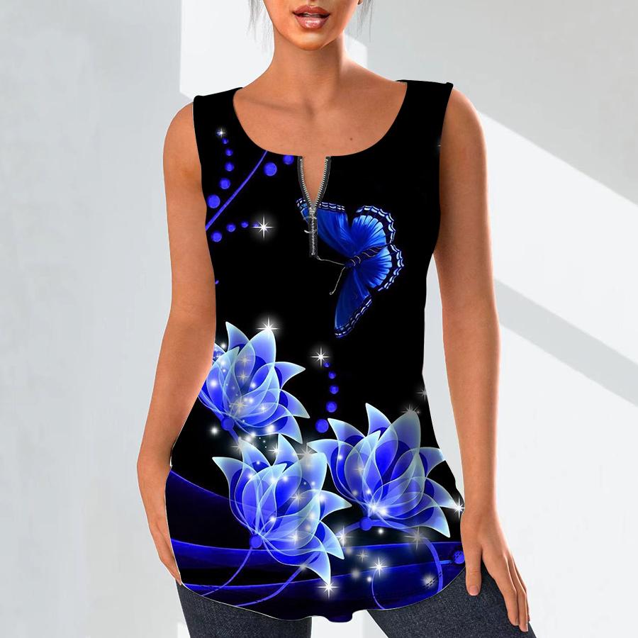 Women's Fashion V Neck Shirts Casual Tops T-shirt Ladies 3D Blue Flowers Print Vest Plus Size Sleeveless Blouse Tank Tops