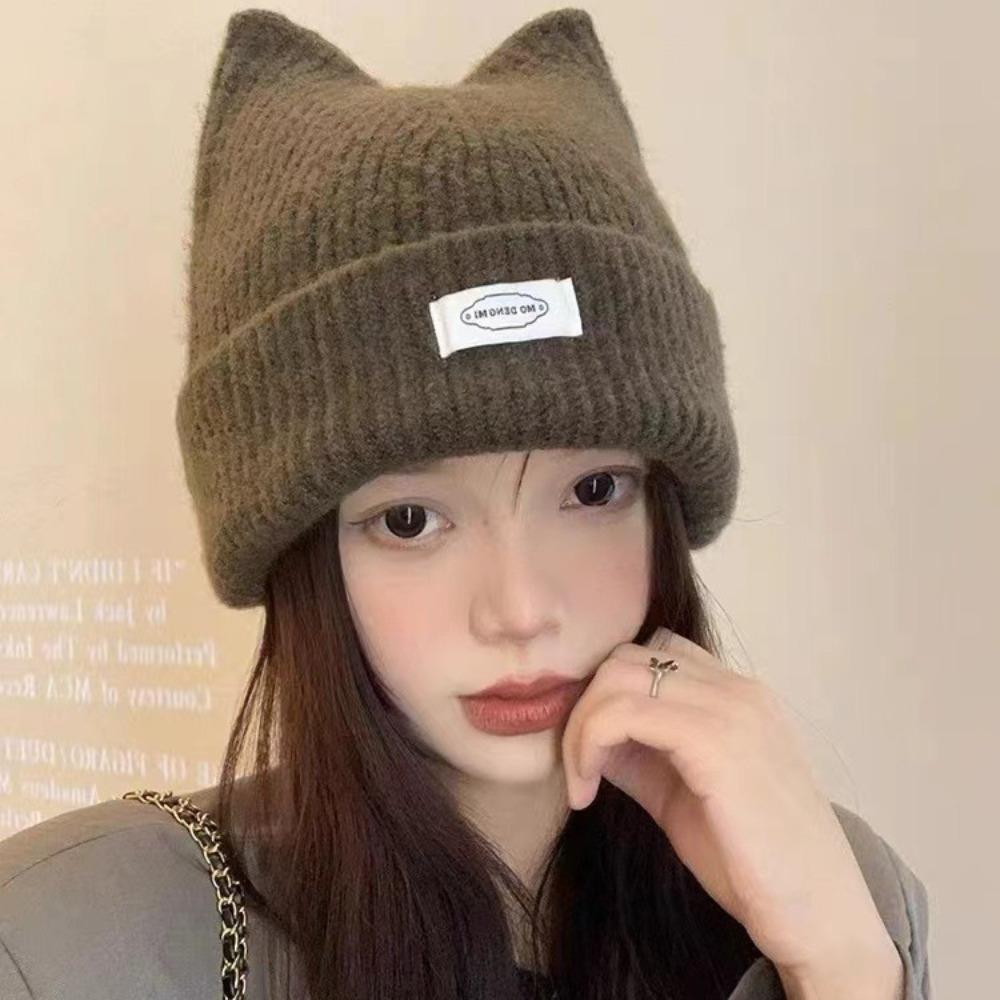 Cat Ear Beanie Cap Letter Patch Winter Cap Simple Knitted Hat Men