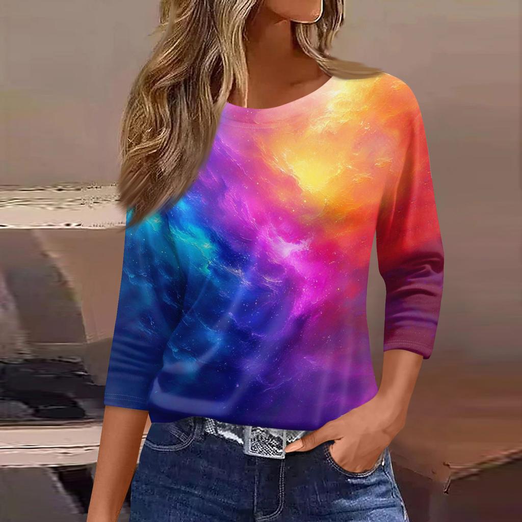 Женская Модная Повседневная Круглый Вырез 3/4 Рукава Свободная С Принтом Футболка Женский Топ