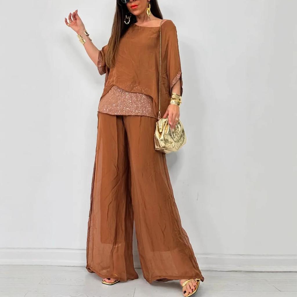 Модный однотонный шифоновый костюм для женщин, повседневный, с круглым вырезом, рукавами «летучая мышь», с пайетками, широкими брюками, комплект из двух предметов, новинка лета 2024 года