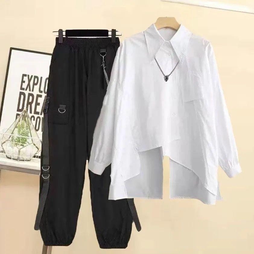 Женский летний костюм-рубашка с короткими рукавами, корейская версия свободного дизайна, повседневный костюм, красивый комбинезон, костюм из двух частей, цепочка для брюк