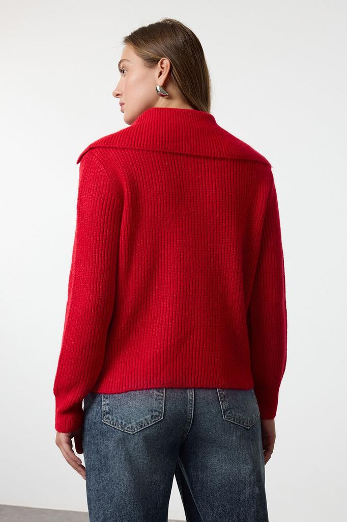 Women's Fashionable Stylish Sweater Red Wool Wide Fit Turn-down Collar Zippered Knitwear Sweater