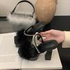 Fur Super High Heels Women Sandals Crystal Platform Slippers Shoes Woman Summer 2025 Sexy Square Toe Party Chunky Shoes Mujer