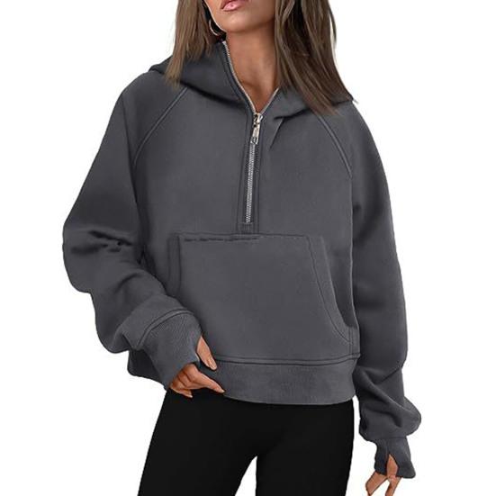 Fall Winter Hoodie Hooded Half Zipper Pocket Long Sleeves Loose Thick Pure Color