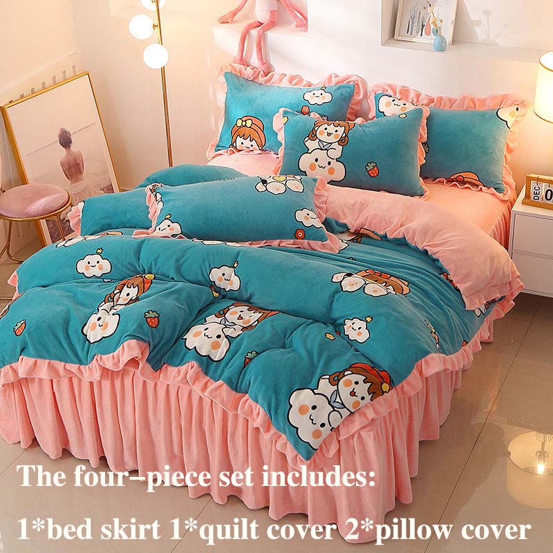 Утолщенный молочный бархат, четырехсекционная юбка-кровать, пододеяльник, наволочка, плюс бархатное тепло, двухсторонний пододеяльник, комплект, стиль принцессы, знаменитости