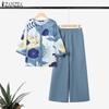 Women 3/4 Sleeve Print Blouse and Pants Casual Two Piece Suit Sets