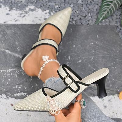 Модные летние туфли-лодочки на высоком каблуке с цветными блоками на носке, с острым носком и неглубоким вырезом, с металлической пряжкой, противоскользящие и износостойкие шлепанцы