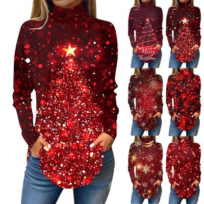 Женская модная повседневная футболка с высоким воротом и рождественским принтом, длинный рукав, пуловер, топ