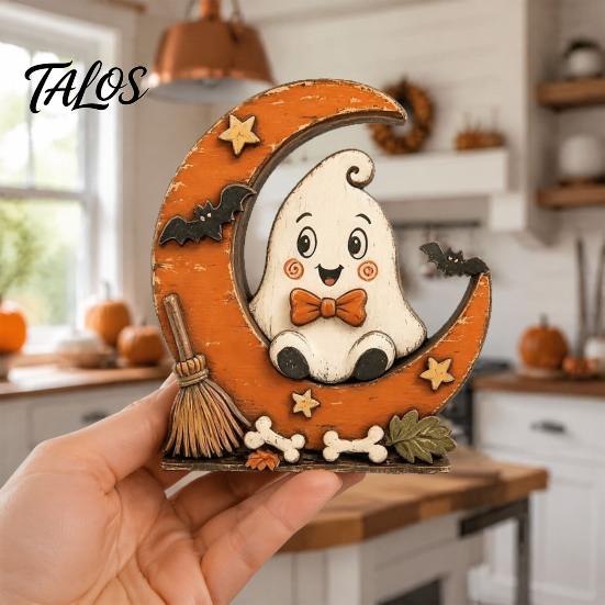 Водонепроницаемые ornaments из массива дерева Хэллоуин Ретро Тыква Колдунья Кошка Призрак Фигурки на Основании в виде Полумесяца, Жуткие Винтажные Осенние Праздничные Принадлежности