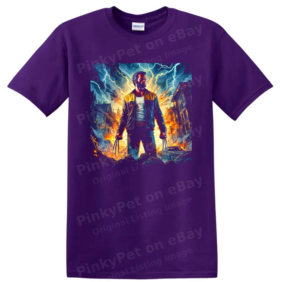 Wolverine T Shirt Stormy City Battle Art Superhero Claw Action Graphic Tee Fire