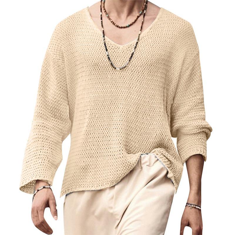 V Neck Long Sleeve Loose Vintage Solid Men S T Shirt