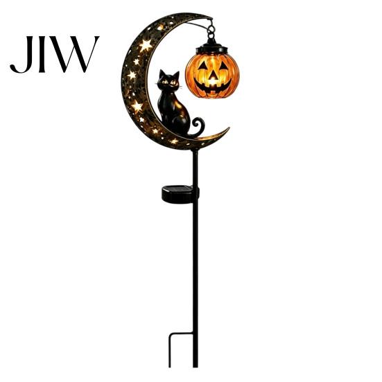 Festive Halloween Atmosphere Light Black Cat Moon Stake Light, Solar Metal Pumpkin Lantern with Decorative Lights for Garden Warm Glow, Spooky