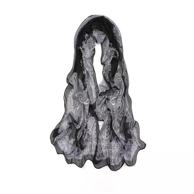 Винтажный длинный шелковый шарф с принтом, длинный шифоновый платок, песочный шарф для женщин, универсальный шарф для защиты шеи