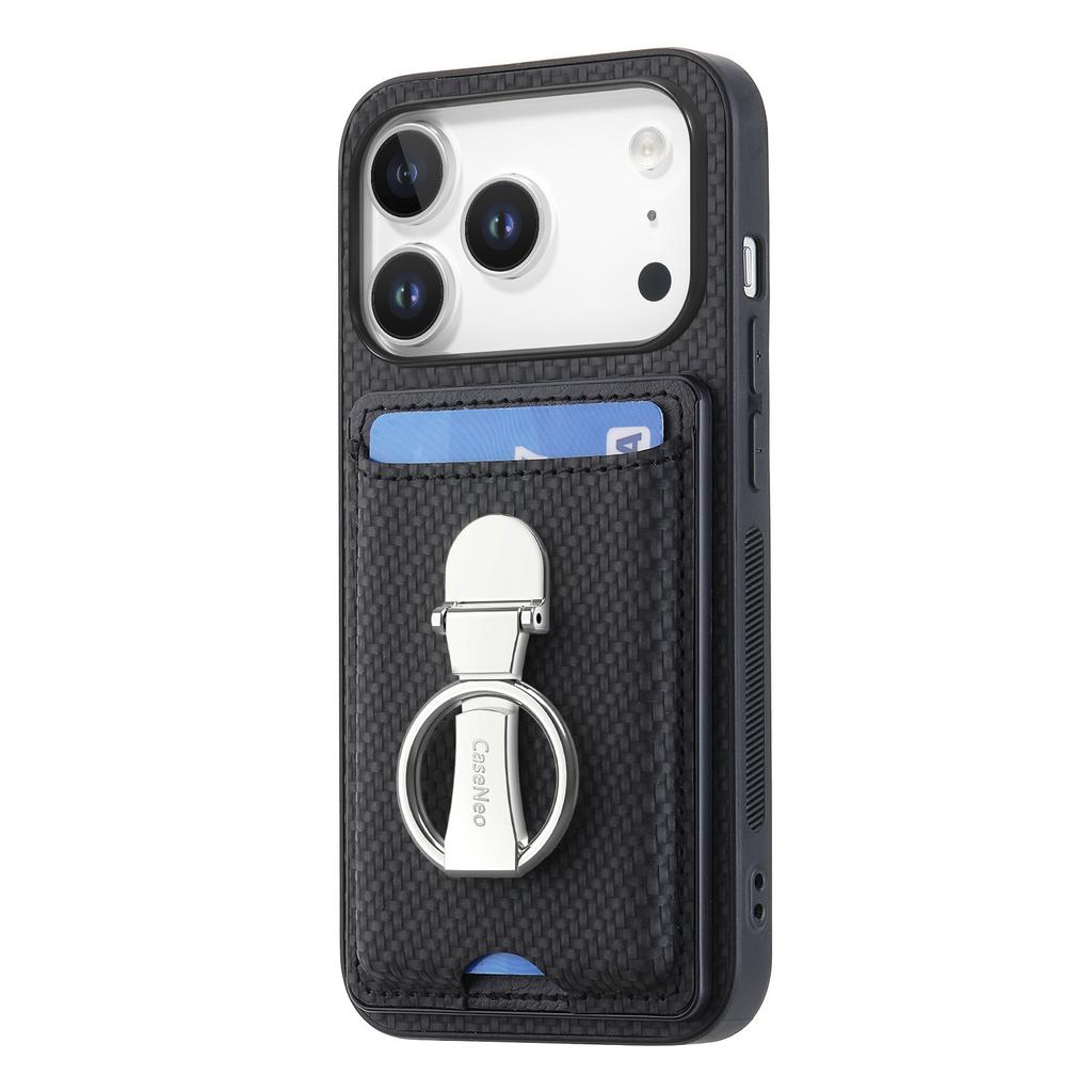 For iPhone 17 Pro Leather Phone Back Cover with Kickstand and Card Slots Carbon Fiber Texture