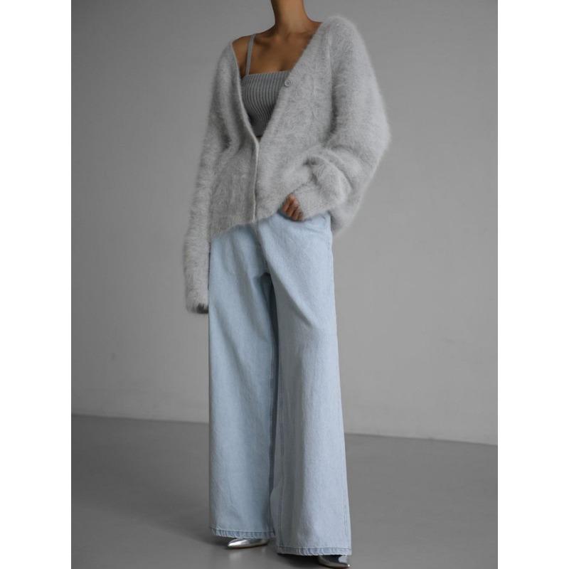 Женский осенне-зимний вязаный кардиган, свободный свитер с длинным рукавом и V-образным вырезом