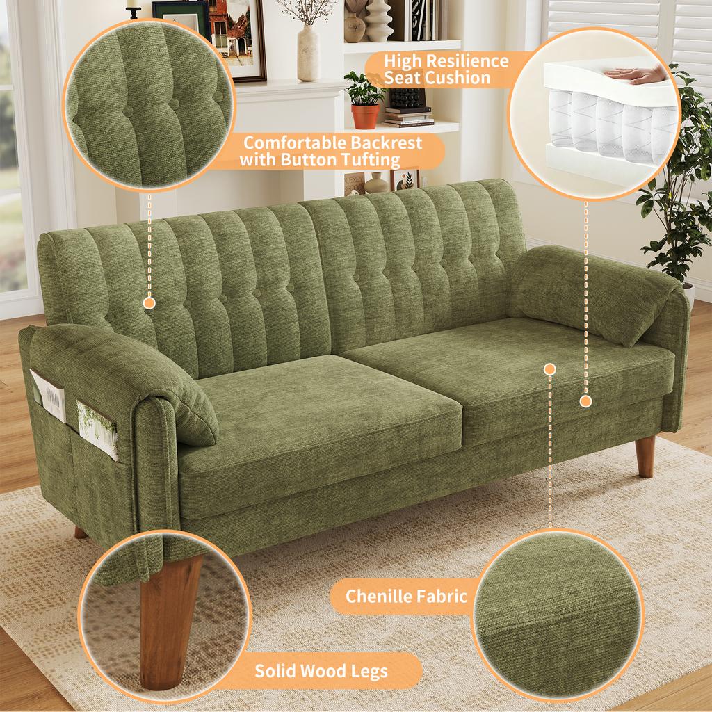 Modern 2-Seater Sofa in Chenille with Thick Seat Cushion, Tufted Backrest, 2 Armrest Cushions, Side Pockets; Solid Wood Legs, Easy to Assemble, Green