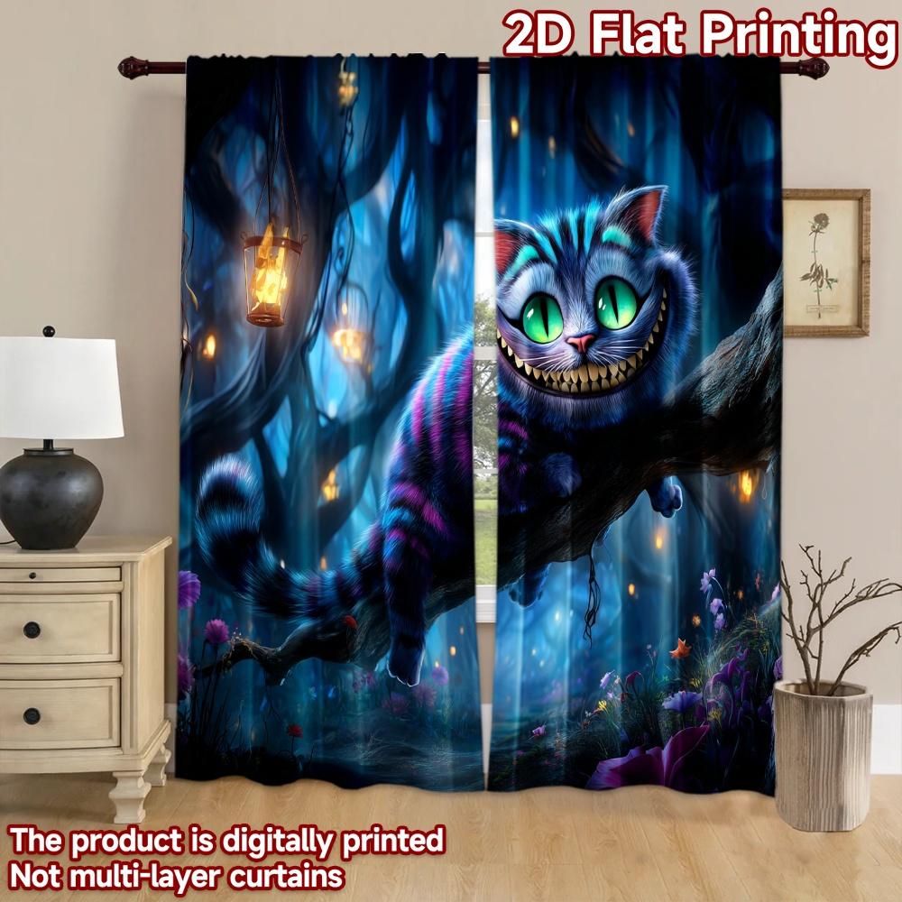 2D flat printing 2pcs Curtains Cheshire Cat Wonderland Whimsical Cat Digital Printed Polyester Drapes Family Party for Home Wall