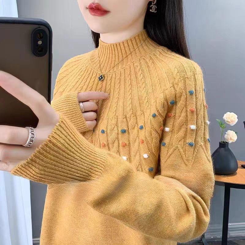 Женский свободный утолщенный свитер с полувысоким воротом, ленивый дизайн, высококачественный базовый вязаный топ для осени-зимы