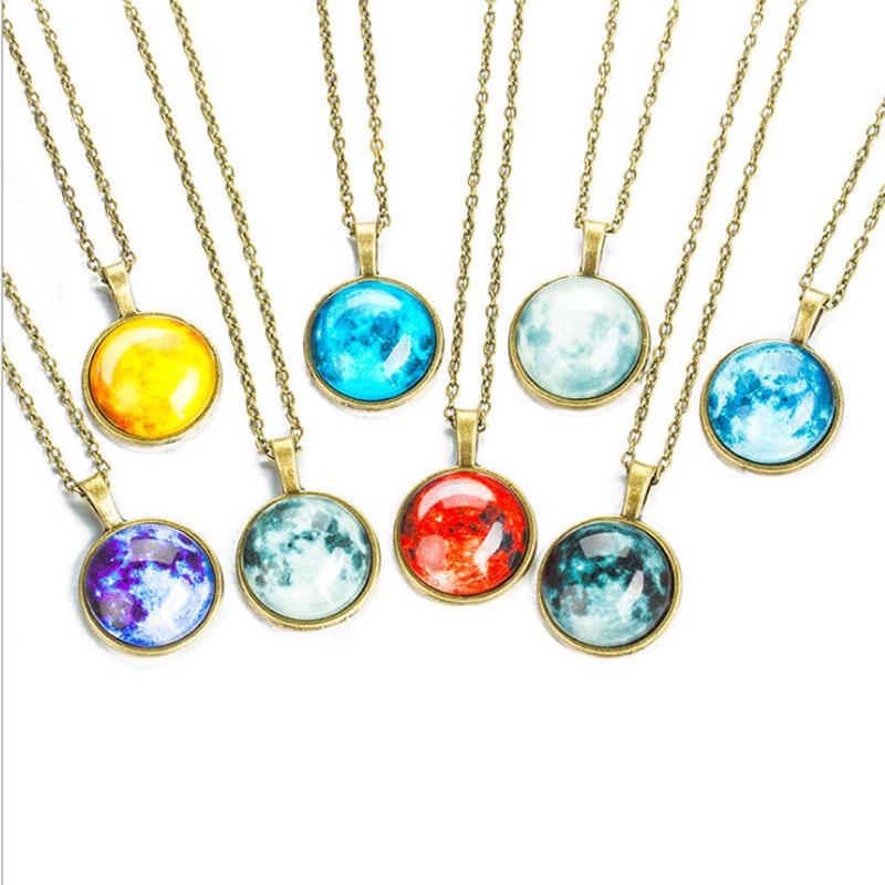 Серебряное бронзовое покрытие, модное стеклянное подарочное кабошон, подвеска в виде Луны, цепочка, светится в темноте, ожерелье с планетой галактики, новое звездное небо, унисекс, 1 шт., Вселенная